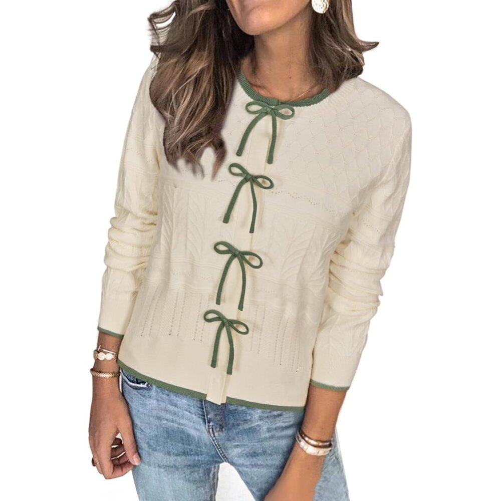 Women’s Bow Sweaters Fall Color Block Casual Card… - image 1